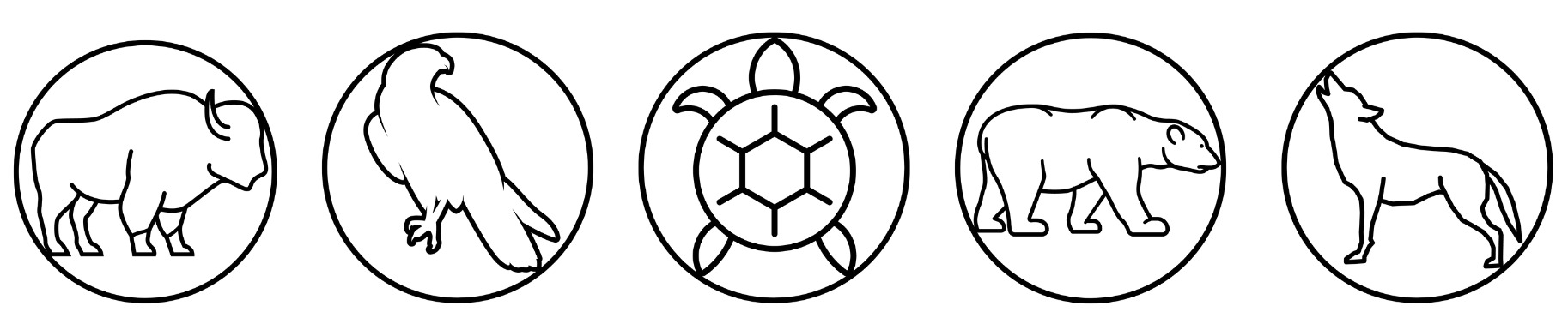 Outlines of a bison, eagle, turtle, polar bear and wolf.